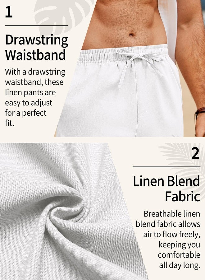 COOFANDY Men's Linen Pants Casual Loose Fit Beach Summer Yoga Pants Lightweight Drawstring Linen Trousers White - Image 4